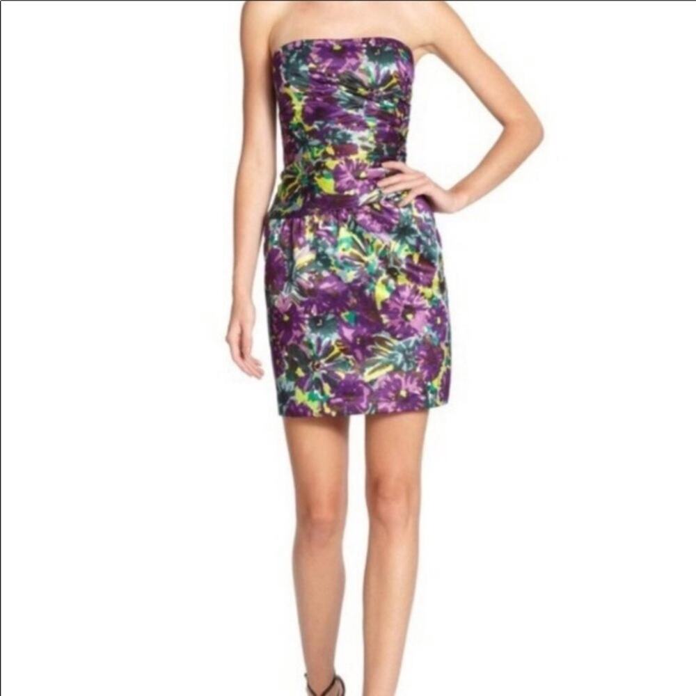 BCBGMAXAZRIA Floral Satin Strapless Mini Dress